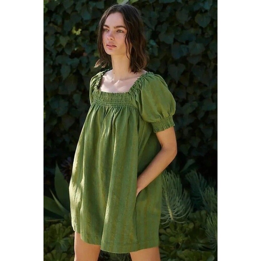 Free People Est Mila Mini Dress Smocked Puff Sleeve Stripe Grasshopper XS 285434
